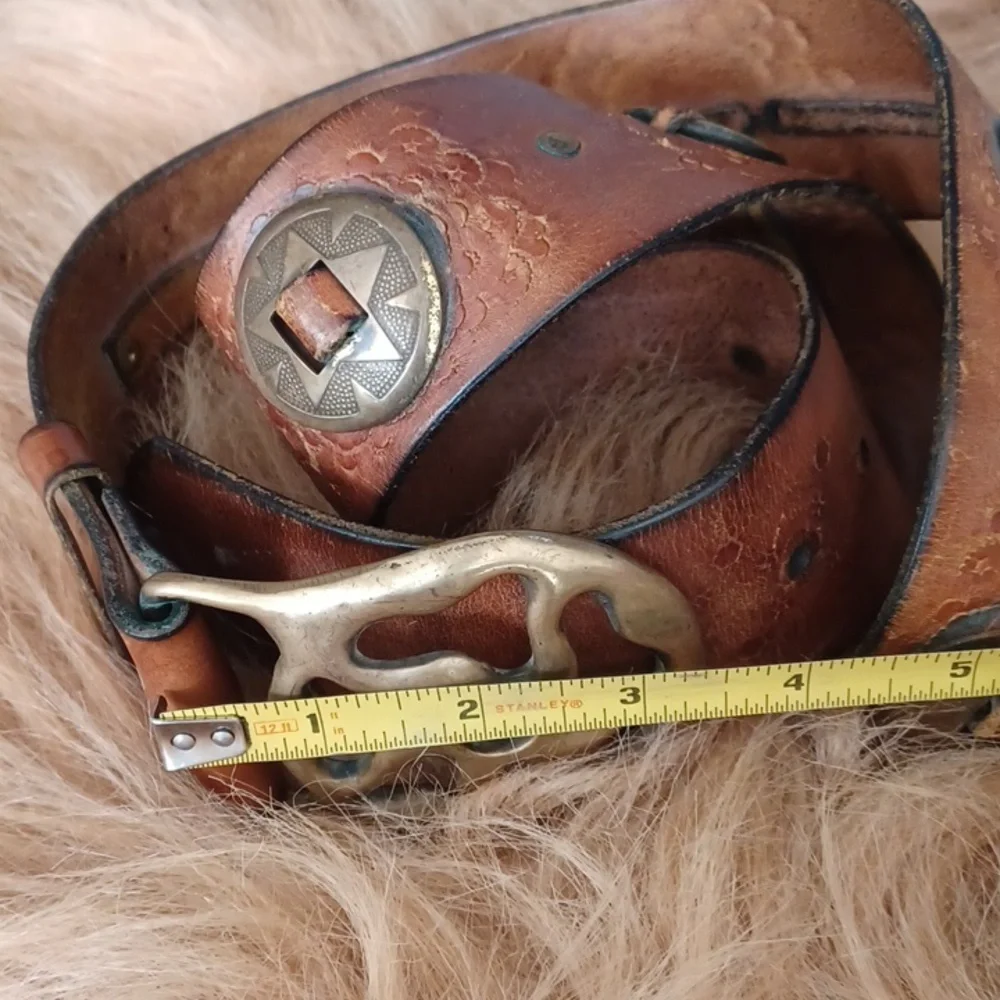 Vintage Chunky Distresed Brown Leather Belt with Brass Accents